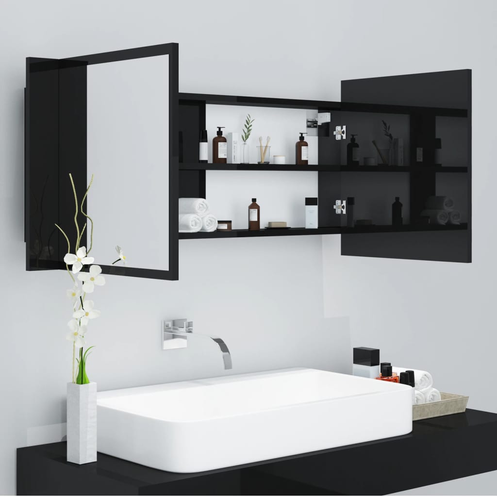 vidaXL badeværelsesskab m. spejl+LED-lys 100x12x45 akryl sort højglans