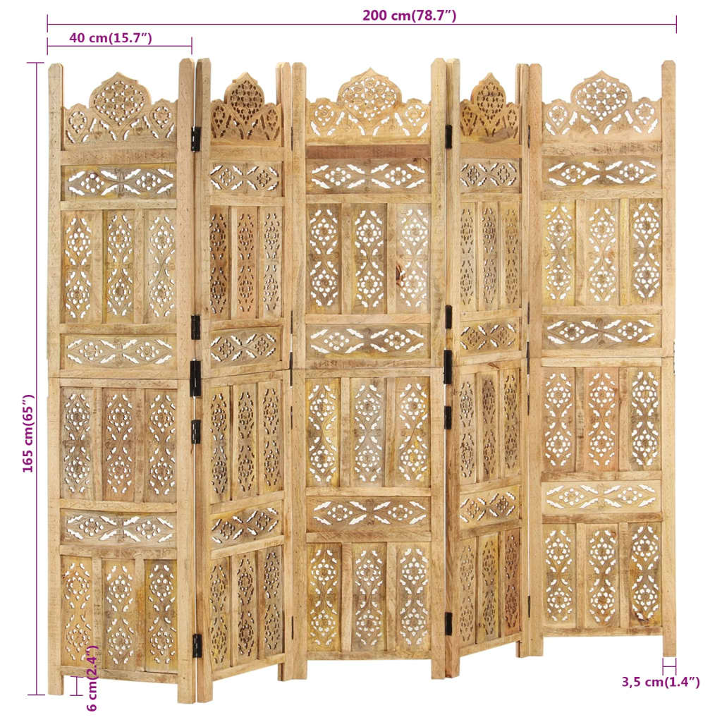 vidaXL 5-panels rumdeler håndskåret 200 x 165 cm massivt mangotræ