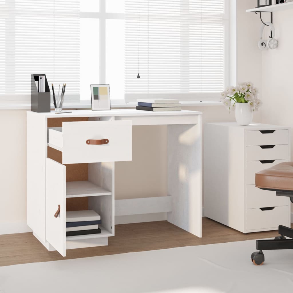 vidaXL skrivebord 95x50x75 cm massivt fyrretræ hvid
