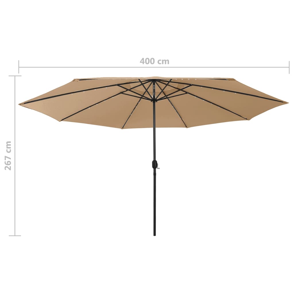 vidaXL parasol m. LED-lys + metalstang 400 cm gråbrun