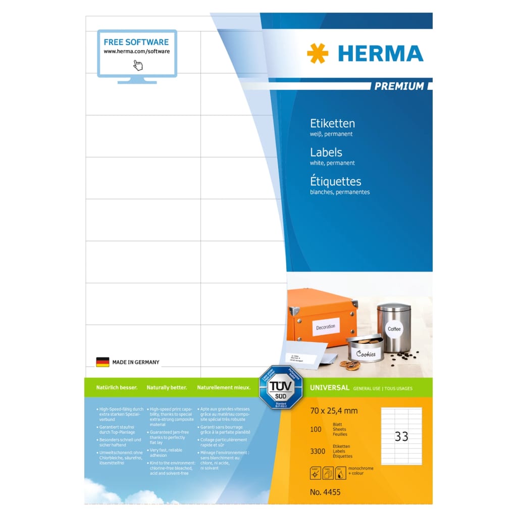 HERMA permanente etiketter PREMIUM A4 70x25,4 mm 100 ark