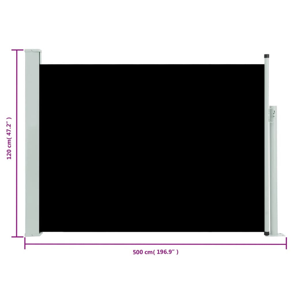 vidaXL sammenrullelig sidemarkise til terrassen 120x500 cm sort