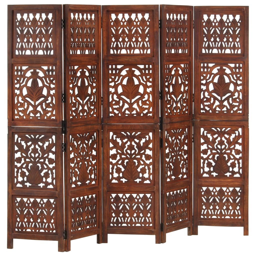 vidaXL 5-panels rumdeler håndskåret 200 x 165 cm massivt mangotræ brun