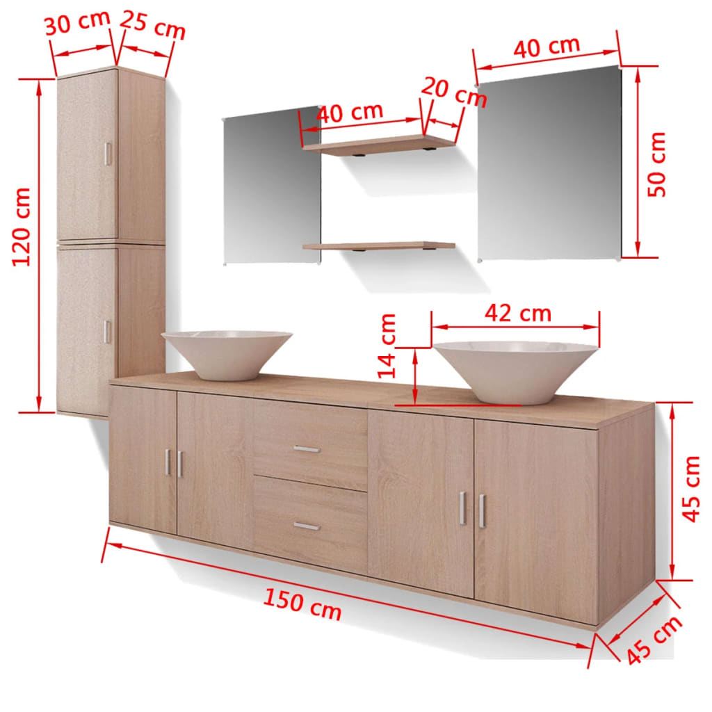 vidaXL sæt med badeværelsesmøbler og håndvask 9 dele beige