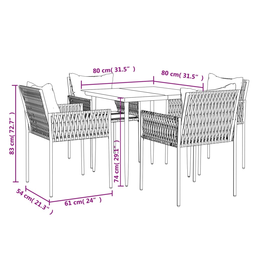 vidaXL spisebordssæt til haven 5 dele med hynder polyrattan og stål