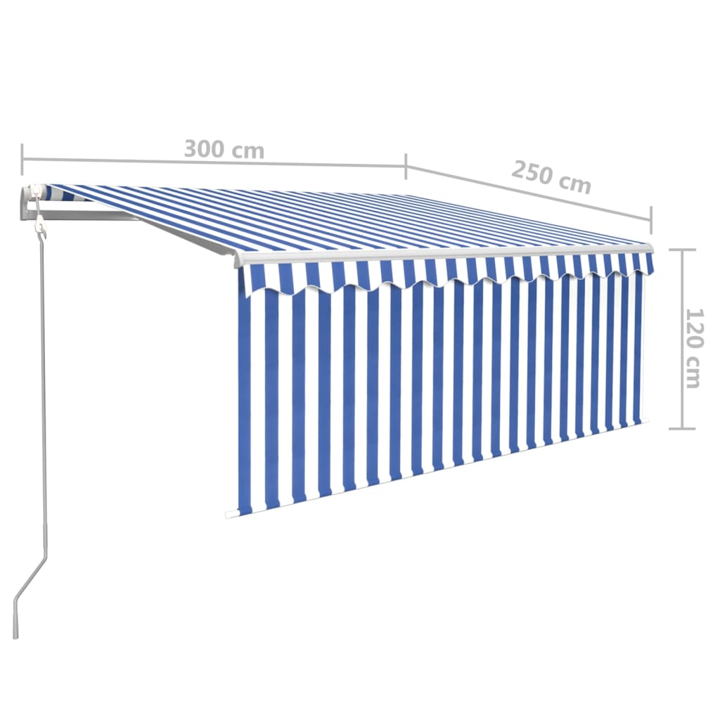 vidaXL markise m. gardin 3x2,5 m manuel betjening blå og hvid