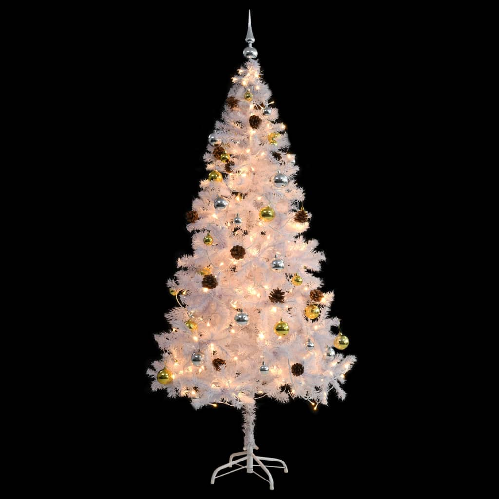 vidaXL kunstigt juletræ med lys og julekugler 180 cm hvid