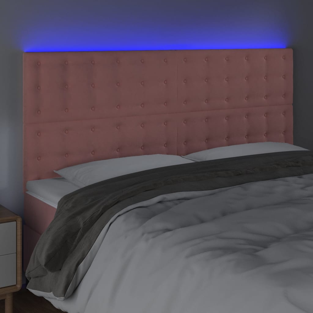 vidaXL sengegavl med LED-lys 200x5x118/128 cm fløjl lyserød
