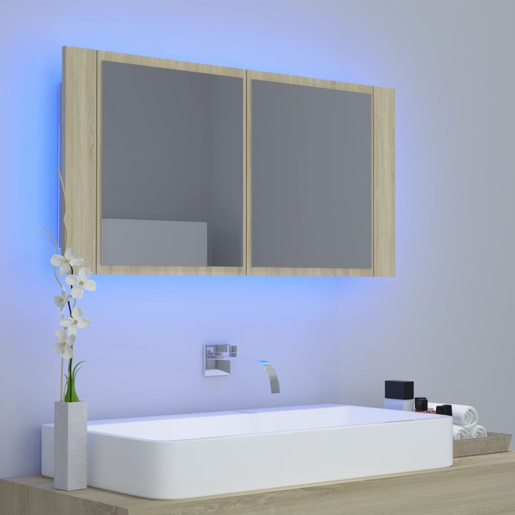 vidaXL badeværelsesskab m. spejl og LED-lys 90x12x45cm akryl sonoma-eg