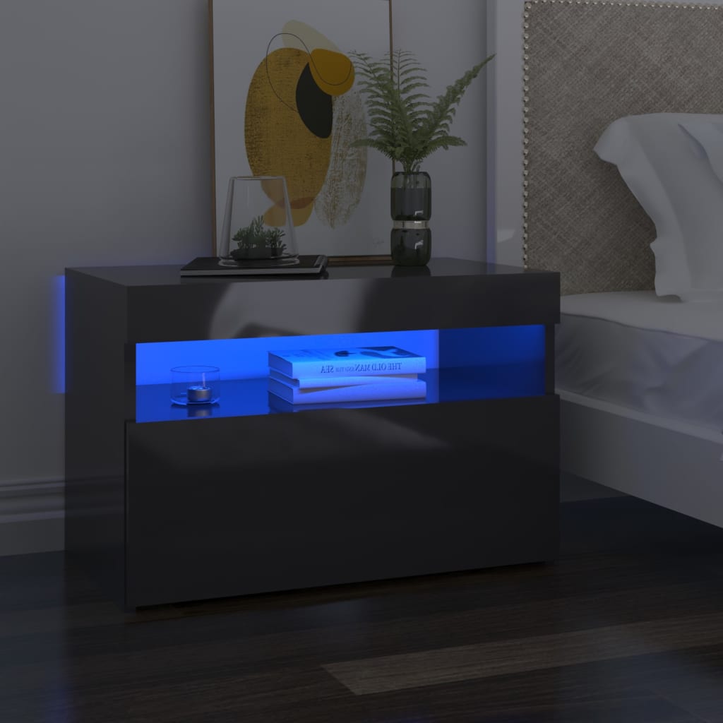 vidaXL sengebord med LED-lys 2 stk. 60x35x40 cm grå højglans