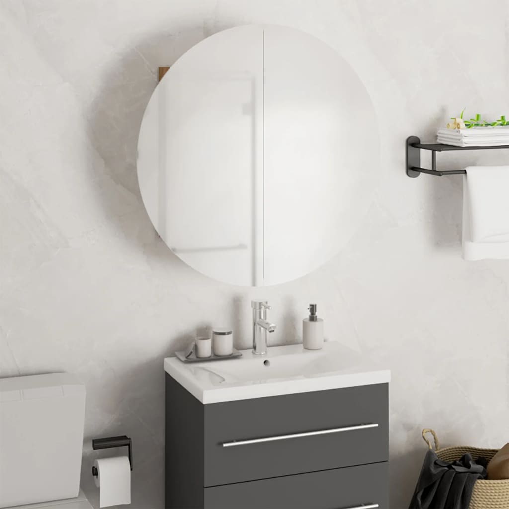 vidaXL badeværelsesskab med rundt spejl og LED-lys 40x40x17,5cm egetræ