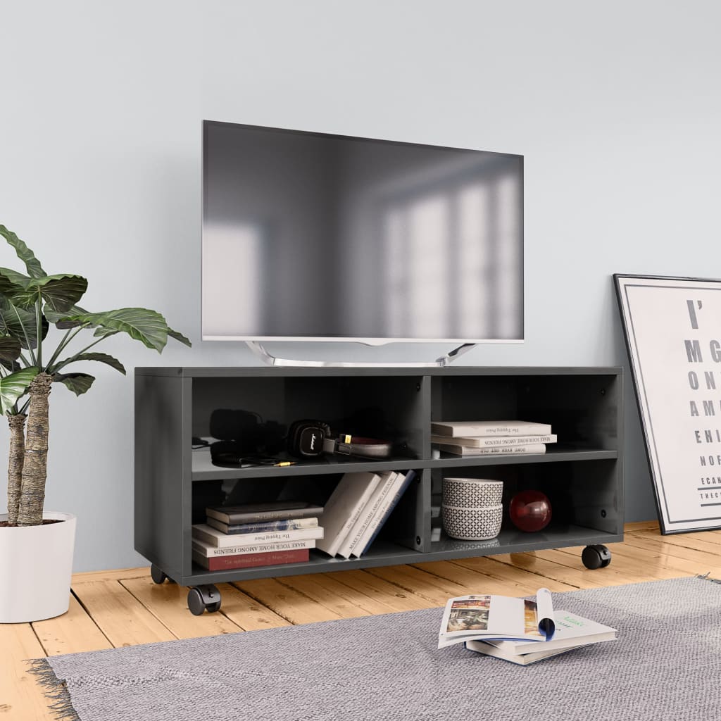 vidaXL tv-bord med hjul 90x35x35 cm konstrueret træ grå højglans