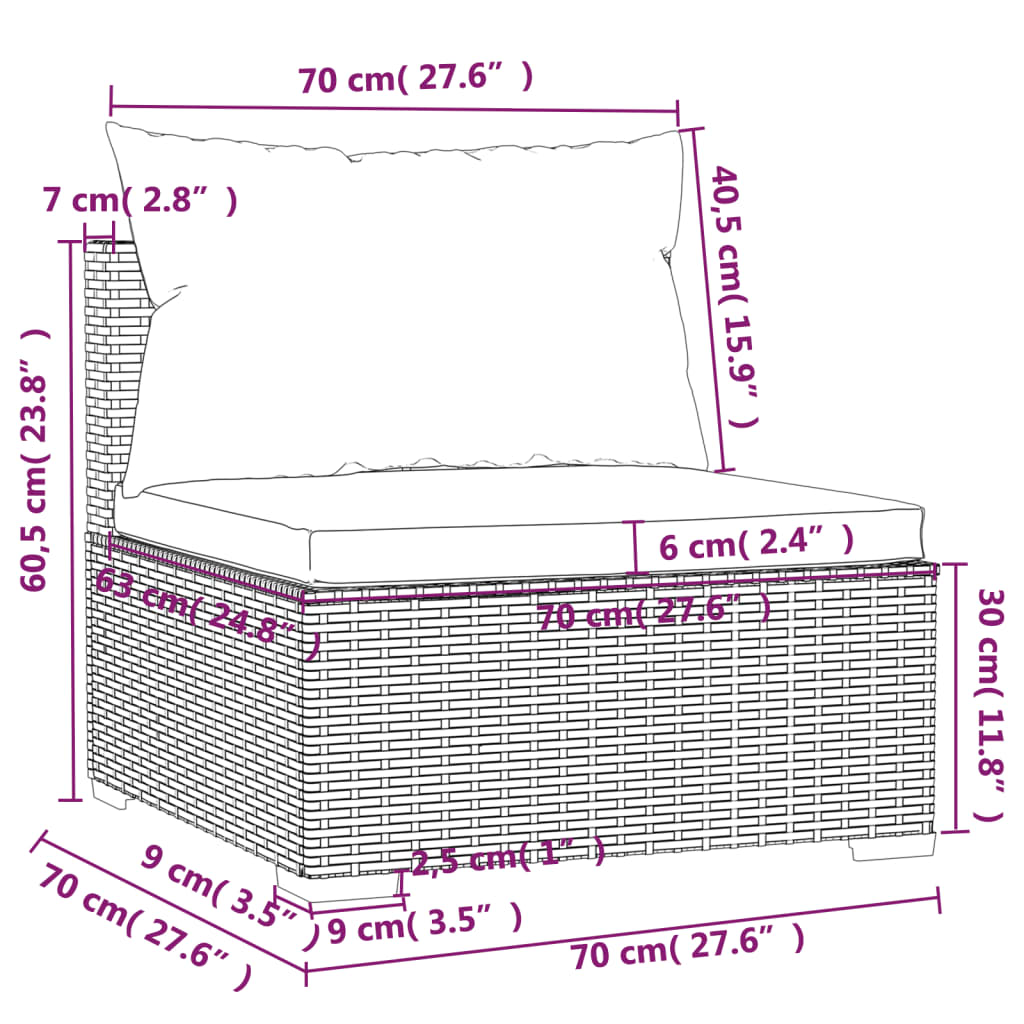 vidaXL midtersæde til havesofa med hynder polyrattan grå