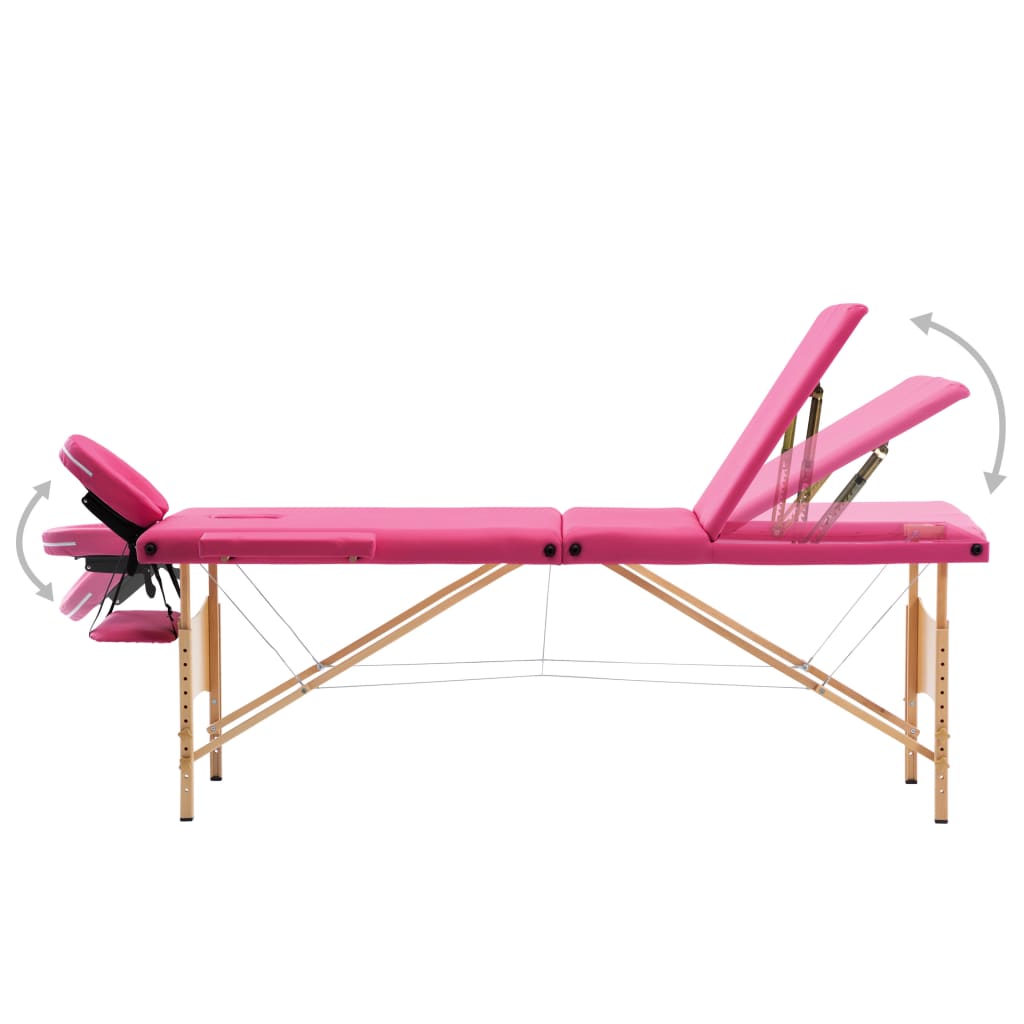 vidaXL sammenfoldeligt massagebord med træstel 3 zoner lyserød
