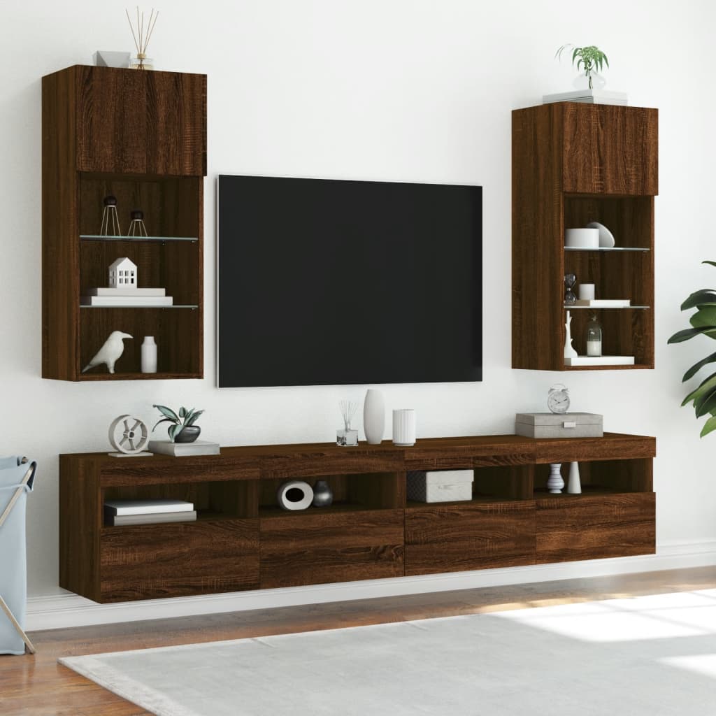 vidaXL tv-borde med LED-lys 2 stk. 40,5x30x90 cm brun egetræsfarve