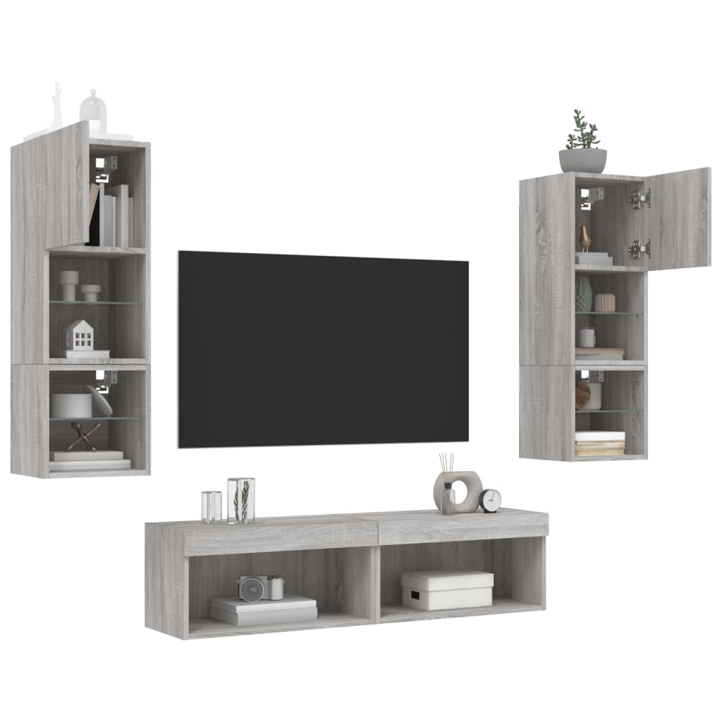 vidaXL tv-møbel til væg 6 dele med LED-lys konstrueret træ grå sonoma