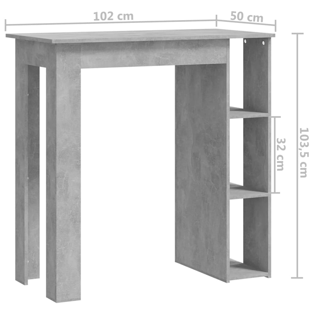 vidaXL barbord med hylde 102x50x103,5 cm konstrueret træ betongrå