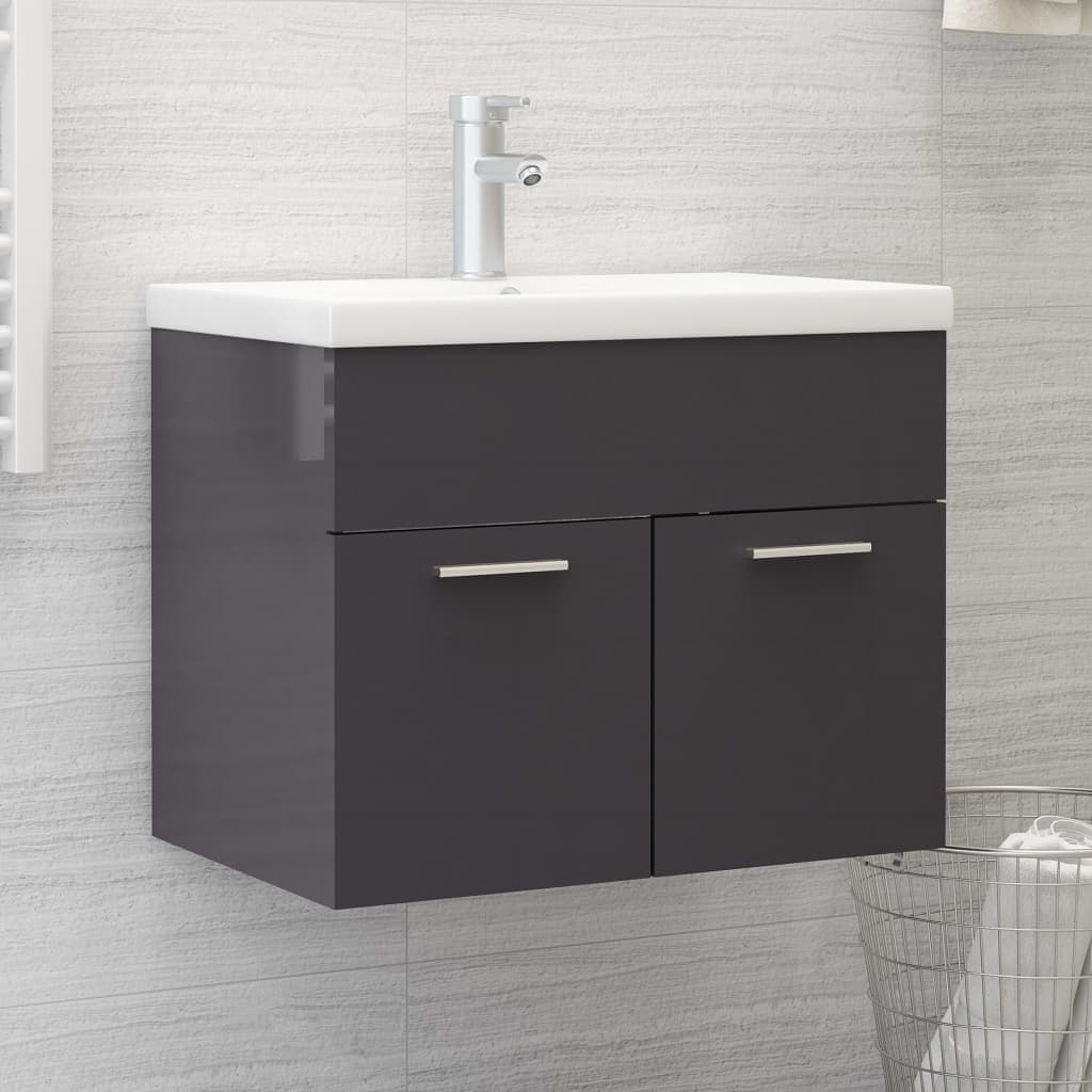vidaXL vaskeskab med indbygget håndvask spånplade grå højglans