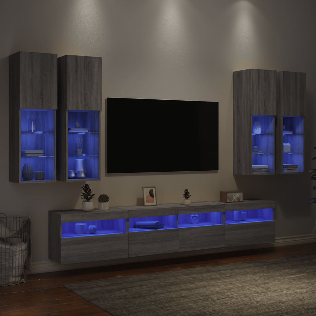 vidaXL væghængt tv-møbel 7 dele med LED-lys grå sonoma-eg