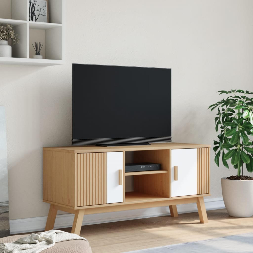 vidaXL tv-bord OLDEN 114x43x57 cm massivt fyrretræ hvid og brun