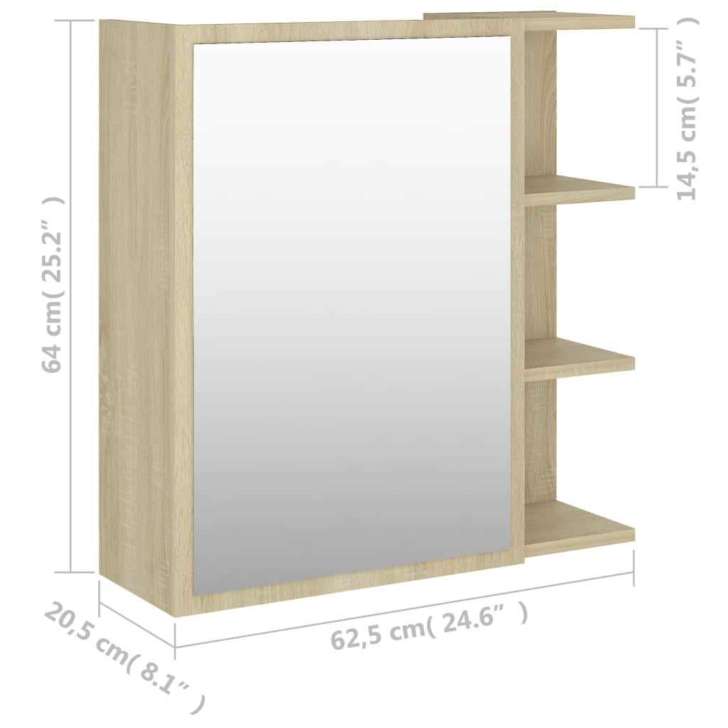 vidaXL badeværelsesskab med spejl 62,5x20,5x64 cm spånplade sonoma-eg