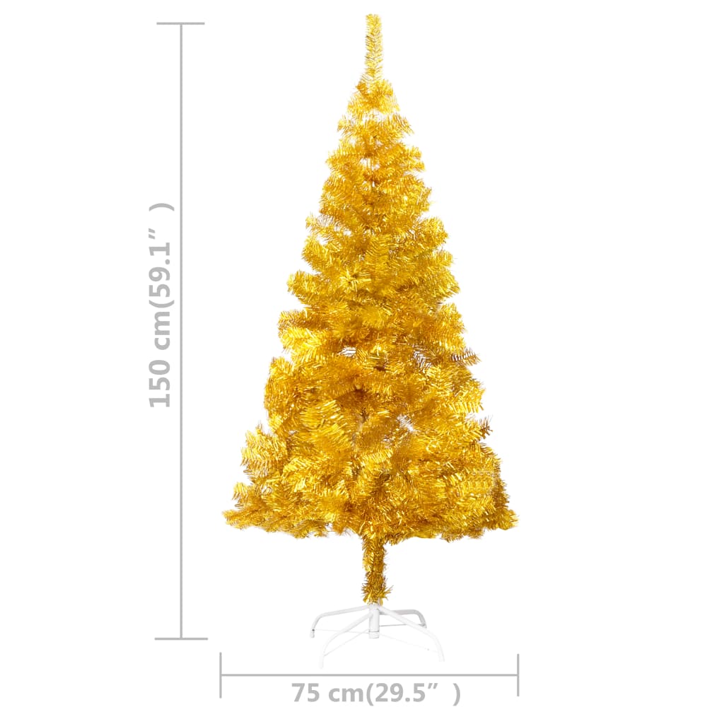 vidaXL kunstigt juletræ med lys og juletræsfod 150 cm PET guldfarvet