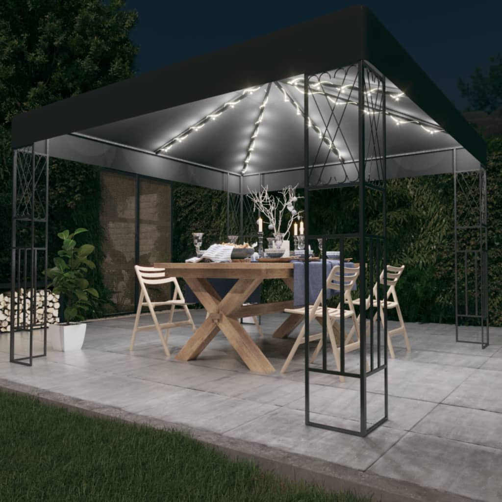 vidaXL pavillon med LED-lyskæder 3x3 m stof antracitgrå