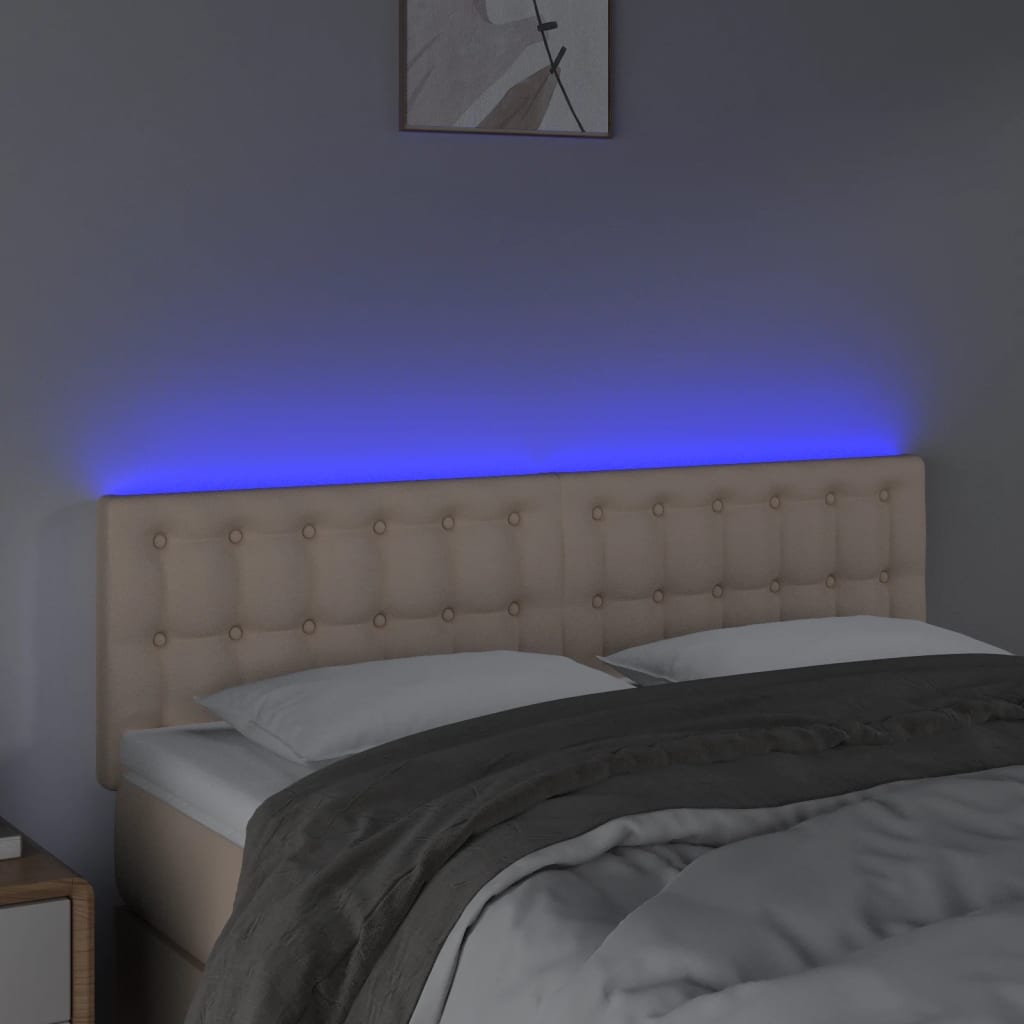 vidaXL sengegavl med LED-lys 144x5x78/88cm kunstlæder cappuccinofarvet