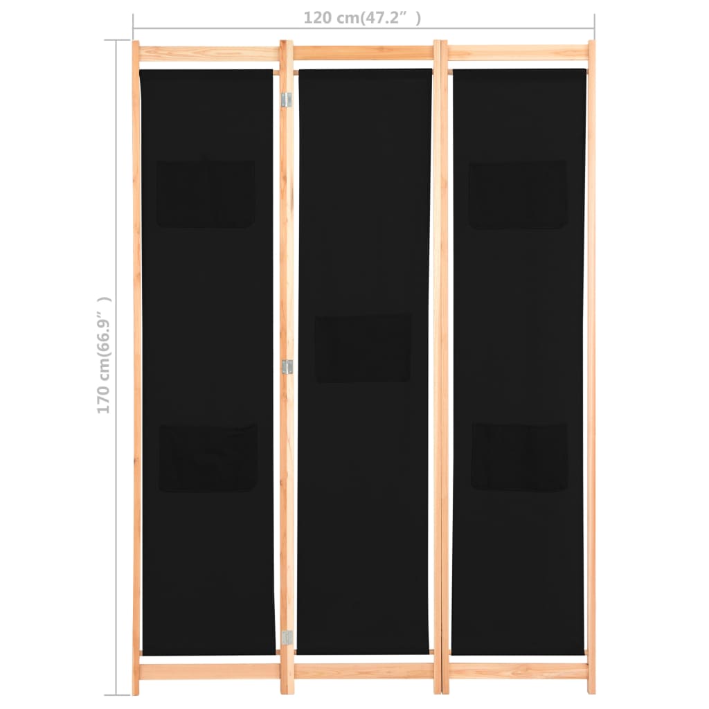 vidaXL 3-panels rumdeler 120 x 170 x 4 cm stof sort
