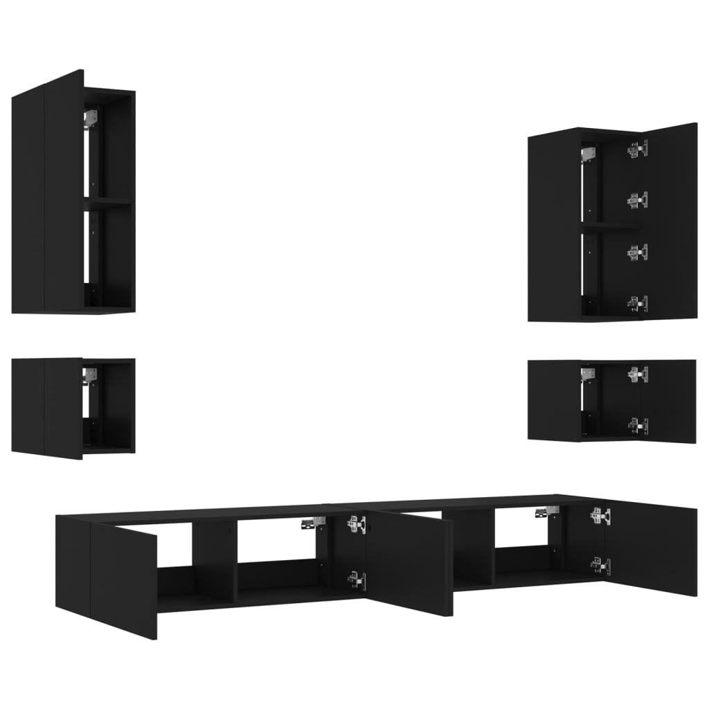 vidaXL væghængt tv-møbel 6 dele med LED-lys sort