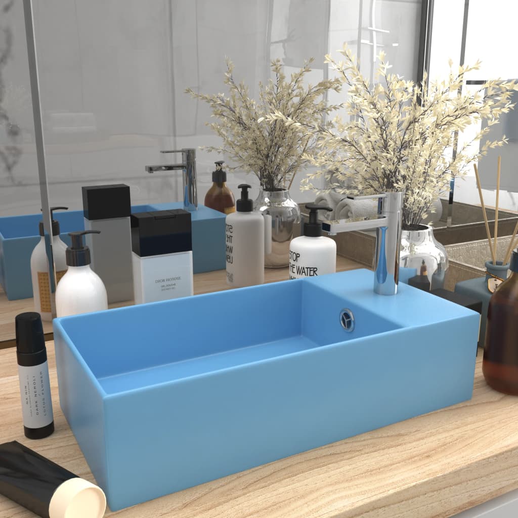 vidaXL håndvask med overløb til badeværelse keramik lyseblå