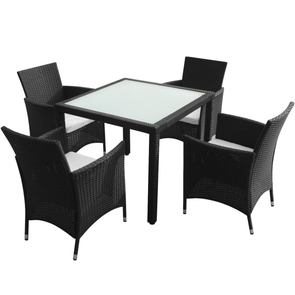 vidaXL udendørs spisebordssæt 5 dele med hynder polyrattan sort