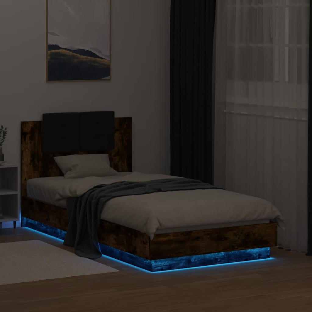 vidaXL sengeramme med sengegavl og LED-lys 75x190 cm røget egetræ
