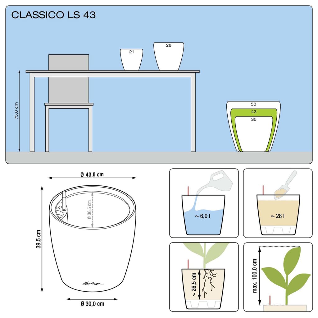 LECHUZA plantekrukke CLASSICO LS 43 ALL-IN-ONE gråbrun højglans 16085