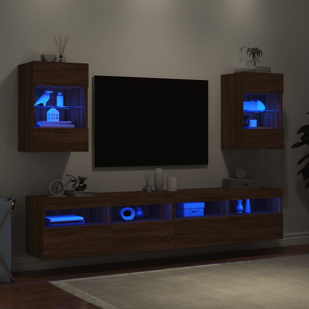 vidaXL væghængte tv-borde 2 stk. med LED-lys 40x30x60,5 cm brunt eg