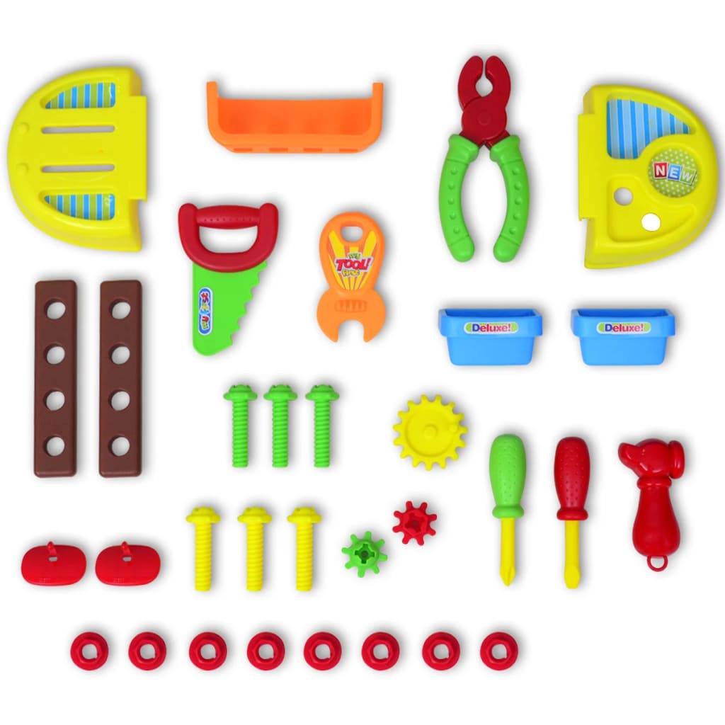 Legetøjsarbejdsbænk med værktøj til børn og legerum, blå og gul