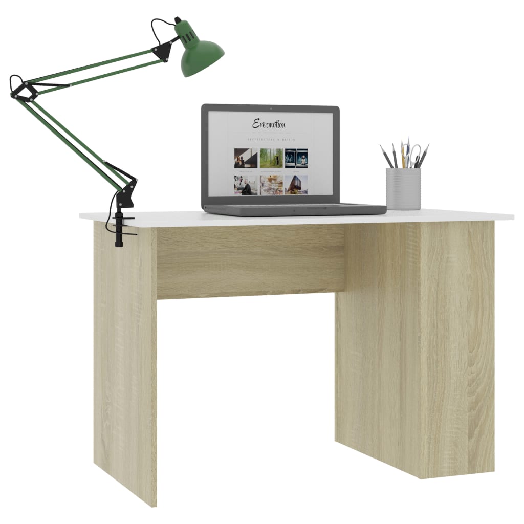 vidaXL skrivebord 110x60x73 cm konstrueret træ hvid og sonoma-eg