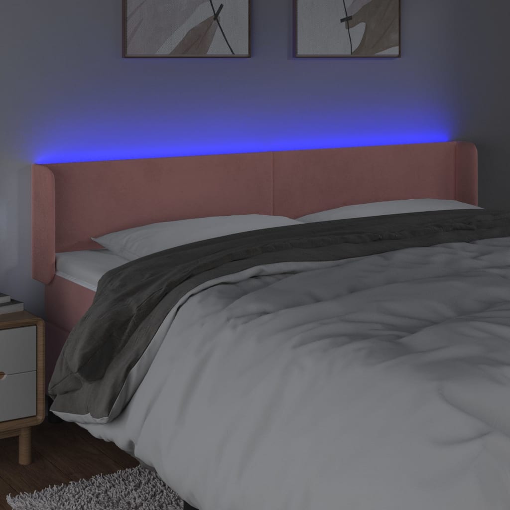 vidaXL sengegavl med LED-lys 203x16x78/88 cm fløjl lyserød