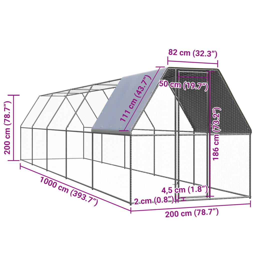 vidaXL udendørs hønsegård 2x10x2 m galvaniseret stål