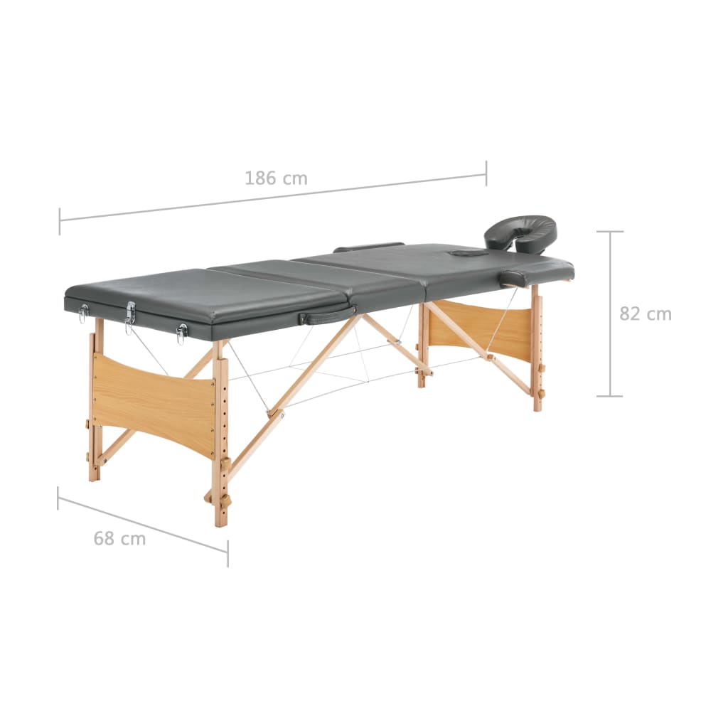 vidaXL massagebord med 3 zoner træstel 186x68 cm antracitgrå