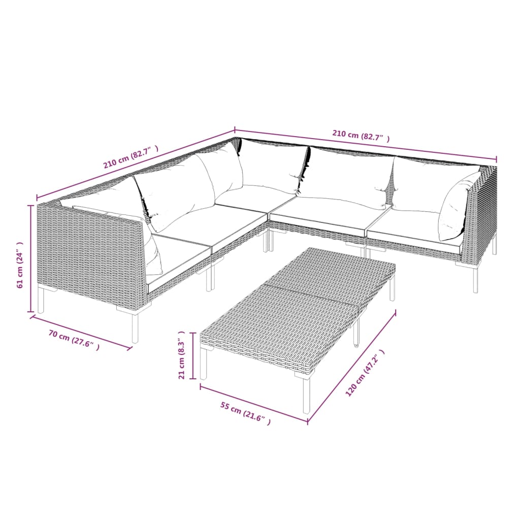 vidaXL loungesæt til haven 6 dele med hynder polyrattan mørkegrå