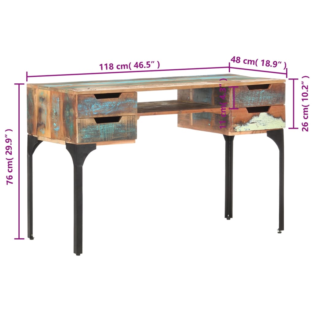 vidaXL skrivebord 118x48x75 cm massivt genbrugstræ