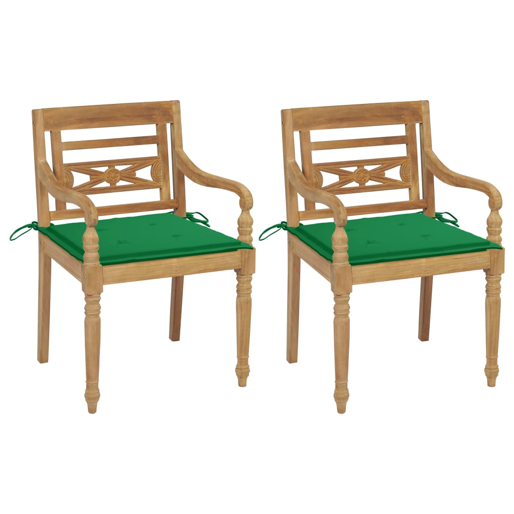 vidaXL Batavia-stole 2 stk. med grønne hynder massivt teaktræ