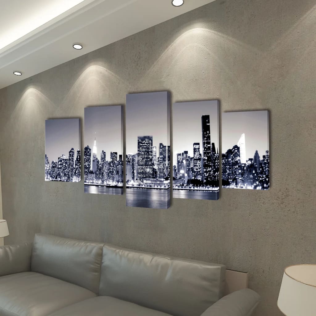 Sæt af lærredsprint til væg, New York Skyline i sort/hvid, 200x100 cm
