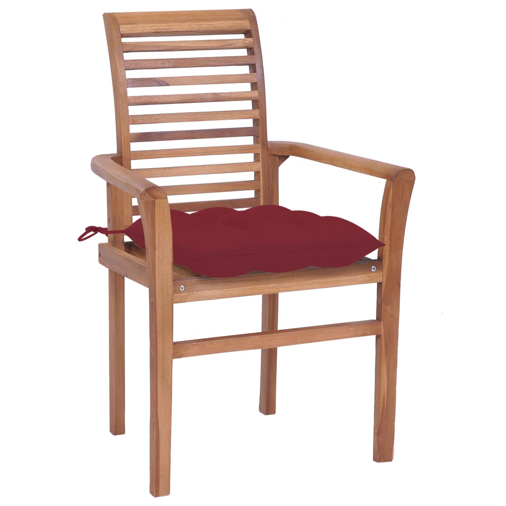 vidaXL spisebordsstole 2 stk. med vinrøde hynder massivt teaktræ