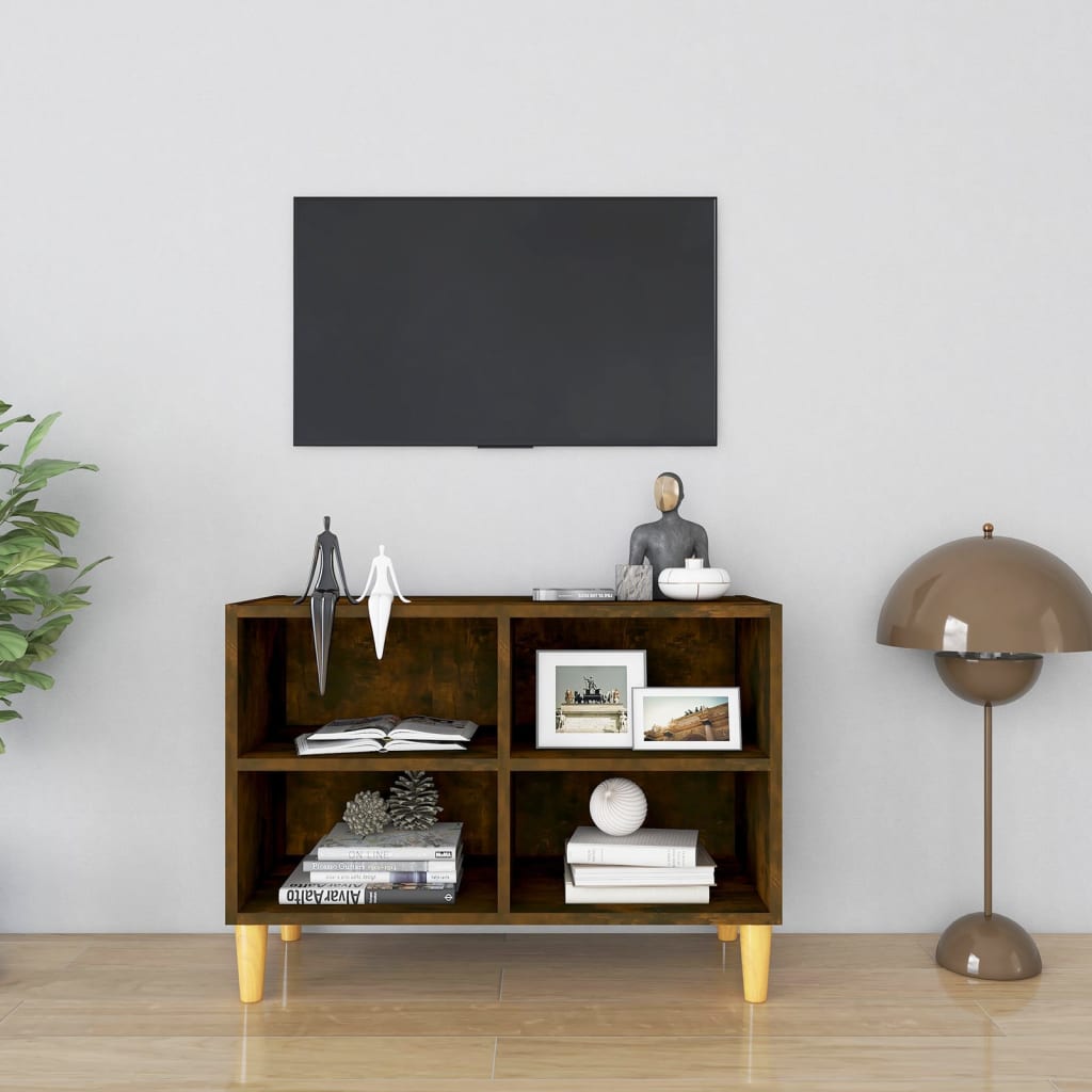 vidaXL tv-bord med massive træben 69,5x30x50 cm røget egetræsfarve