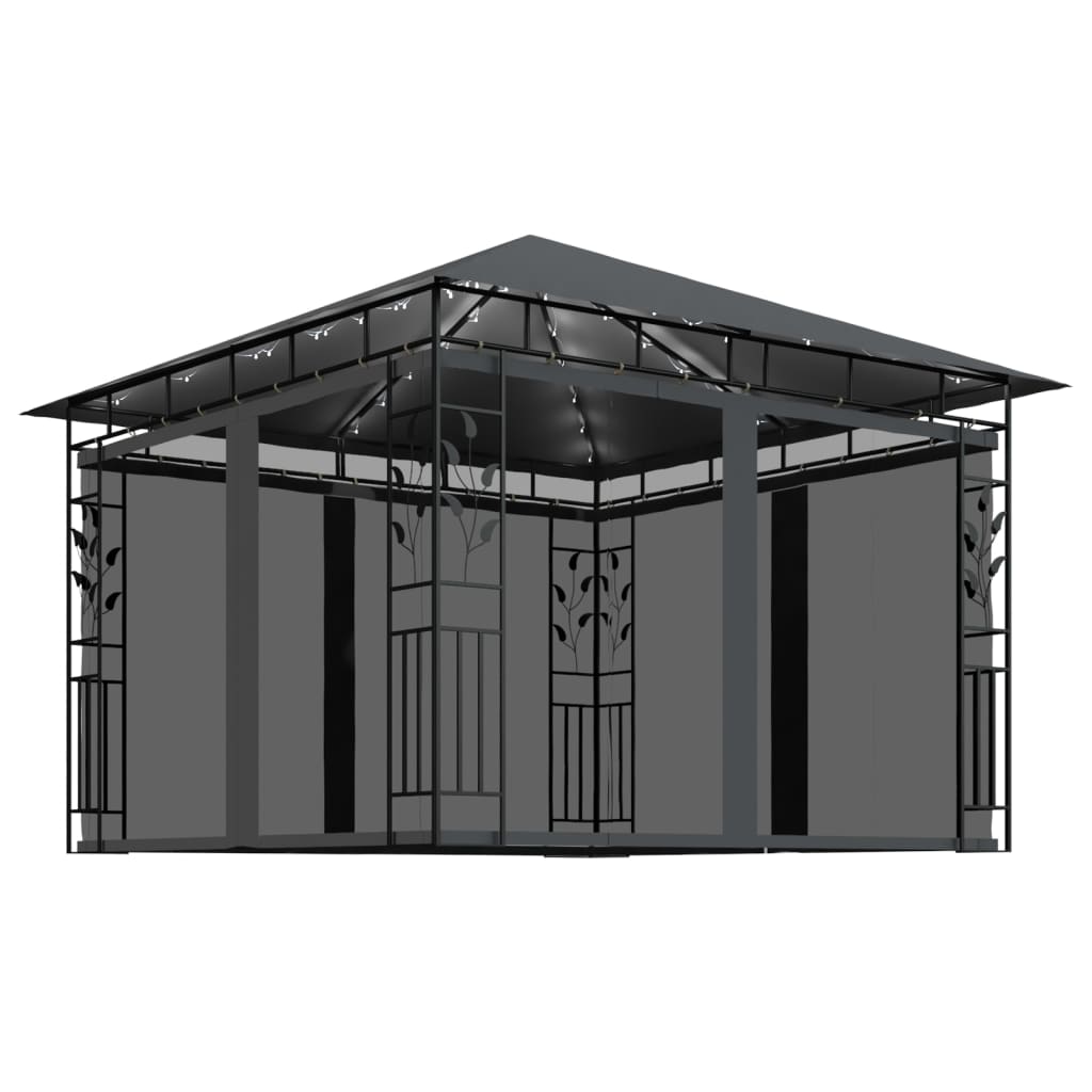 vidaXL pavillon med myggenet og LED-lyskæder 3x3x2,73 m antracitgrå