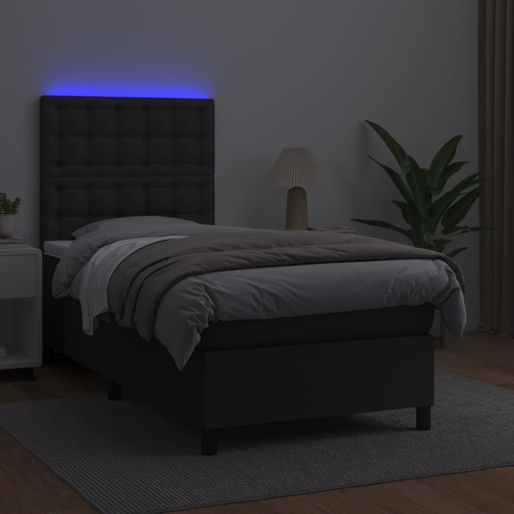 vidaXL kontinentalseng med LED-lys 90x190 cm kunstlæder sort