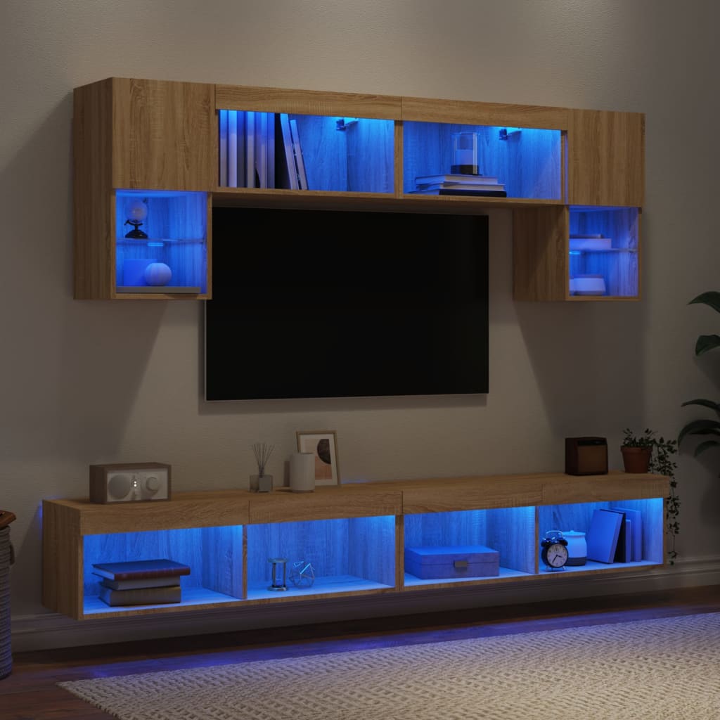 vidaXL tv-møbel til væg 6 dele med LED-lys konstrueret træ sonoma-eg