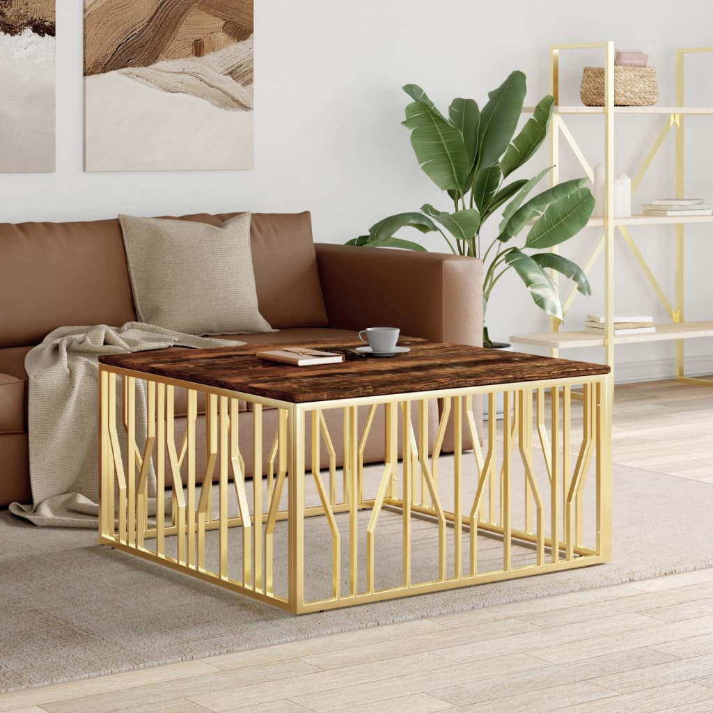 vidaXL sofabord rustfrit stål og massivt genbrugstræ guldfarvet